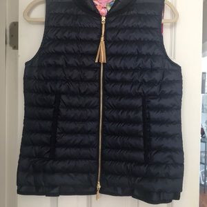 Lilly Pulitzer Cora navy ruffle puffer vest